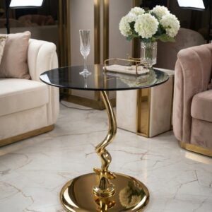Sculptural Spiral Gold Accent Table with Tinted Tempered Glass Top