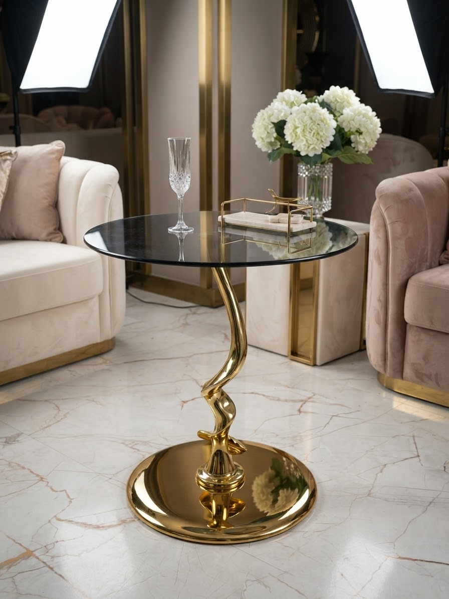 Sculptural Spiral Gold Accent Table with Tinted Tempered Glass Top