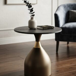 Modern Teardrop Accent Table with Matte Dark Top & Brushed Brass Base