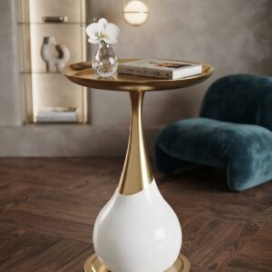 Two-Tone Teardrop Accent Table with Tray Top in Brass and White