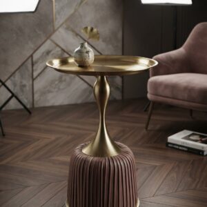 Brushed Gold Tray Accent Table with Pleated Leather Base
