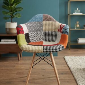 Patchwork Upholstered Accent Armchair with Natural Wooden Eiffel Legs