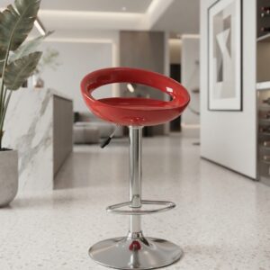 Modern Glossy Red Swivel Bar Stool with Adjustable Chrome Pedestal Base