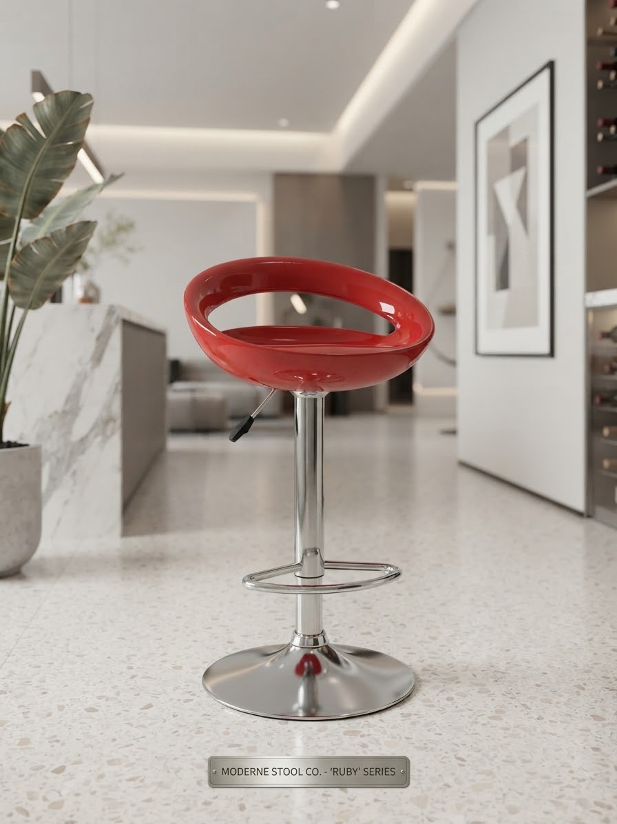 Modern Glossy Red Swivel Bar Stool with Adjustable Chrome Pedestal Base