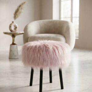 Pink Faux Fur Vanity Stool with Matte Black Legs