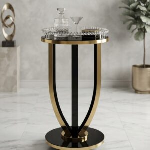 Luxury Black Glass Accent Table with Crystal Beaded Rim & Gold Frame