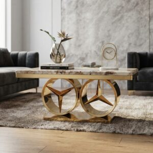 Executive Gold Stainless Steel Coffee Table with Dual Star Emblem & Marble Top