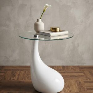 Teardrop Gloss White Sculptural Side Table with Tempered Glass Top