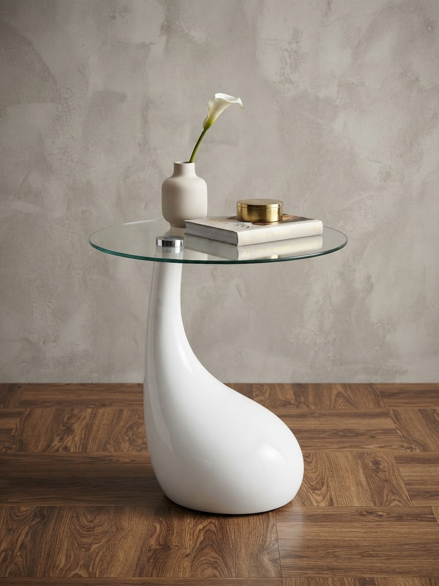 Teardrop Gloss White Sculptural Side Table with Tempered Glass Top