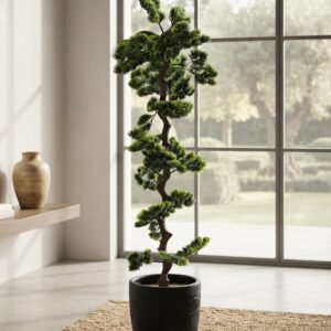 Artificial Chinese Bonsai Pine Floor Tree in Textured Black Planter