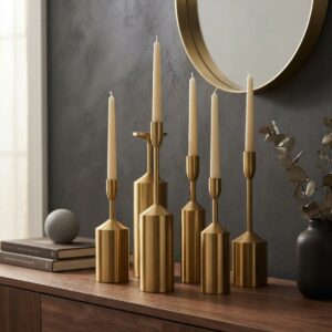 Modern Brushed Brass Gold Taper Candle Holder Set