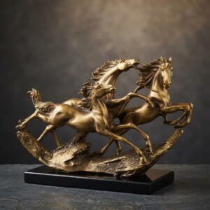 Sculptural Antique Bronze Galloping Horses Statue on Black Base