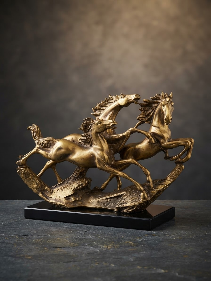 Sculptural Antique Bronze Galloping Horses Statue on Black Base