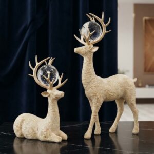 Elegant Textured Deer Figurine Pair with Crystal Orb Antler Accents