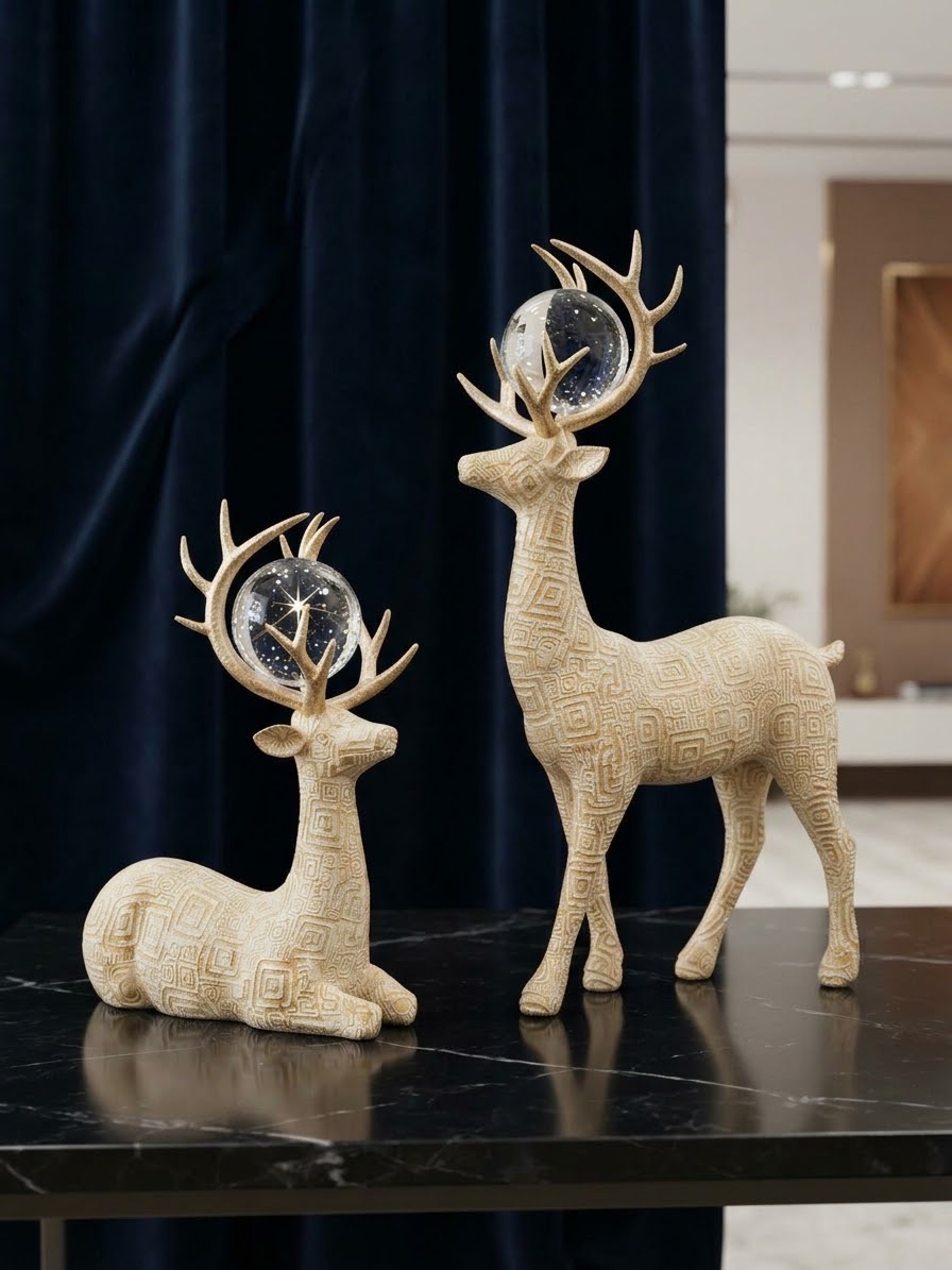 Elegant Textured Deer Figurine Pair with Crystal Orb Antler Accents