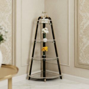 Modern A-Frame Glass Corner Shelf with Beaded Crystal Details