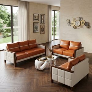 Premium 7-Seater Two-Tone Leather Sofa Set with Solid Wood Accent Frame