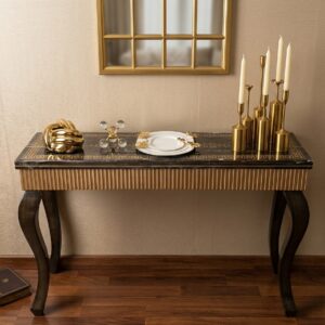 Luxury Black Glass Top Console Table with Fluted Gold Apron & Cabriole Legs