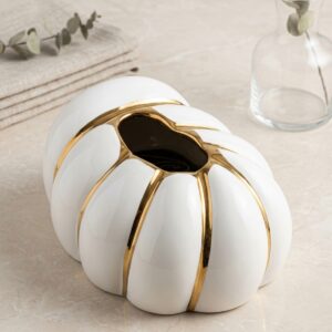 Luxury White Ceramic Pumpkin-Shaped Tissue Box with Gold Ribbed Inlays