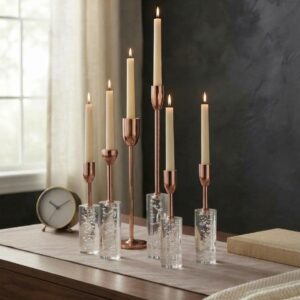 Modern 6-Piece Rose Gold & Crystal Bubble Pillar Taper Candle Holder Set