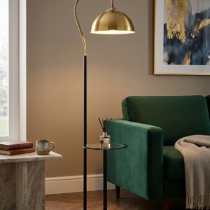 Modern Black & Brass Arc Floor Lamp with Marble Base & Built-In Glass Table