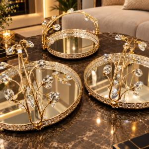Luxury 3-Piece Gold Mirrored Serving Tray Set with Crystal Branch Handles