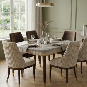 6-Piece Rectangular Grey Marble-Effect Fiber Dining Table Set with Sheesham Wood Legs