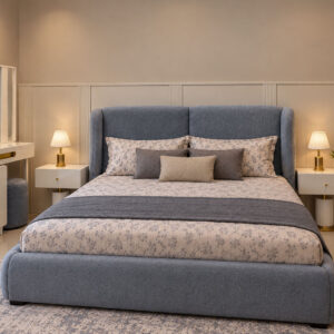 Complete Luxury Upholstered King Bedroom Set with Integrated Fluted Wall Panel & Dressing Vanity