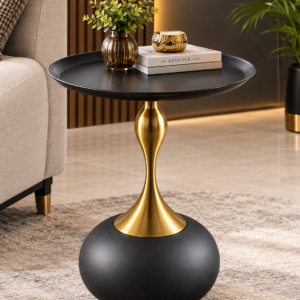 Round Tray-Top End Table with Brass Stem and Weighted Base