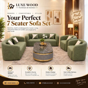 Modern Textured Olive 7-Seater Sofa Set with Curved Backrests