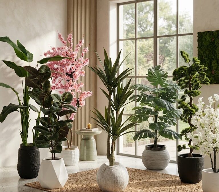 Artificial plants, blossom trees and indoor greenery in different pots at Luxe Wood Bahria Town Karachi